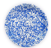 A 10-inch round enamel pie plate with a blue and white splatter pattern design.
