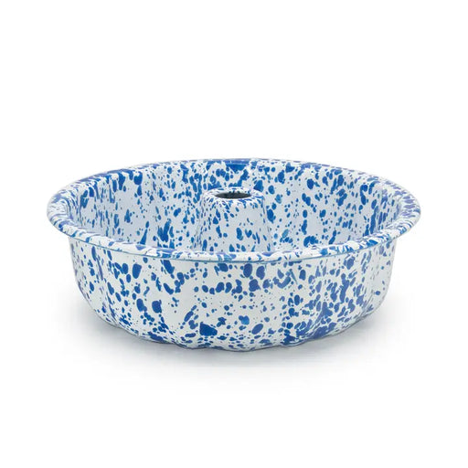 Blue and white speckled enamel bowl on a white background