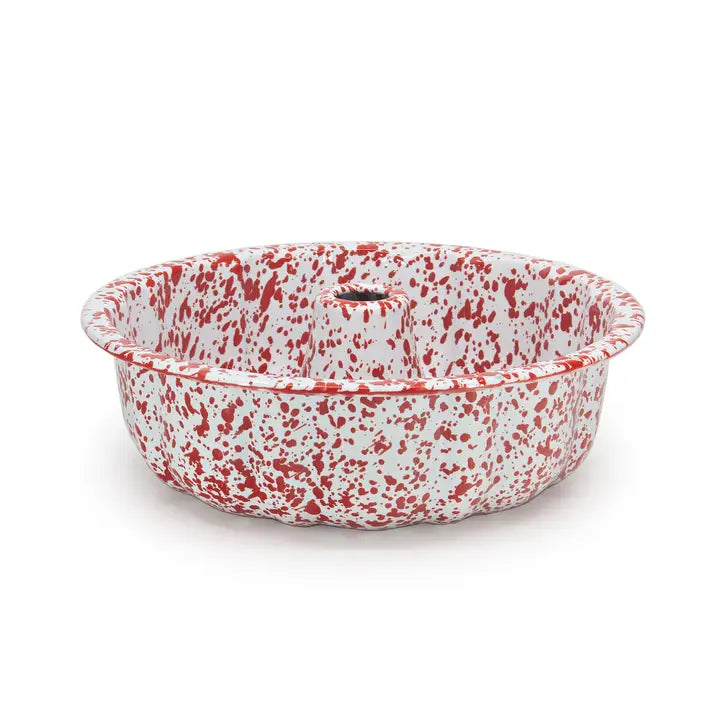 Red speckled enamel baking dish on a white background