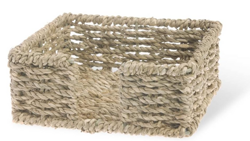 Woven rectangular basket made of natural fibers on a white background