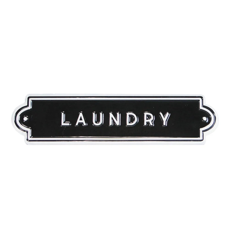 Black rectangular sign with 'LAUNDRY' text on a white background