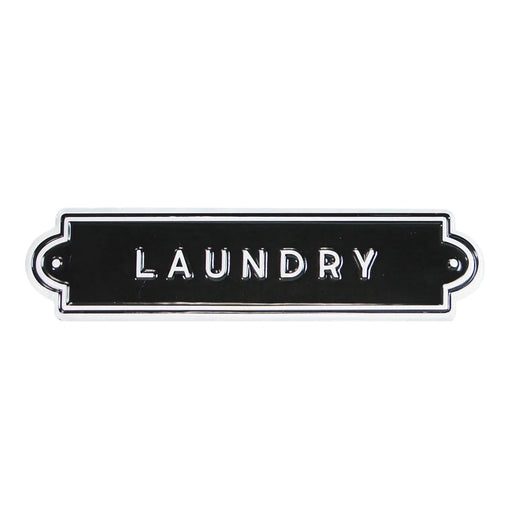 Black rectangular sign with 'LAUNDRY' text on a white background