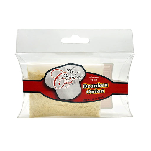 Packaged Drunken Onion dip mix with 'The Resident Chef' label on a white background