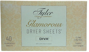 Front of a box of Tyler Candle Company Glamorous Dryer Sheets in the DIVA scent, showing 40 sheets, on a light beige patterned background.