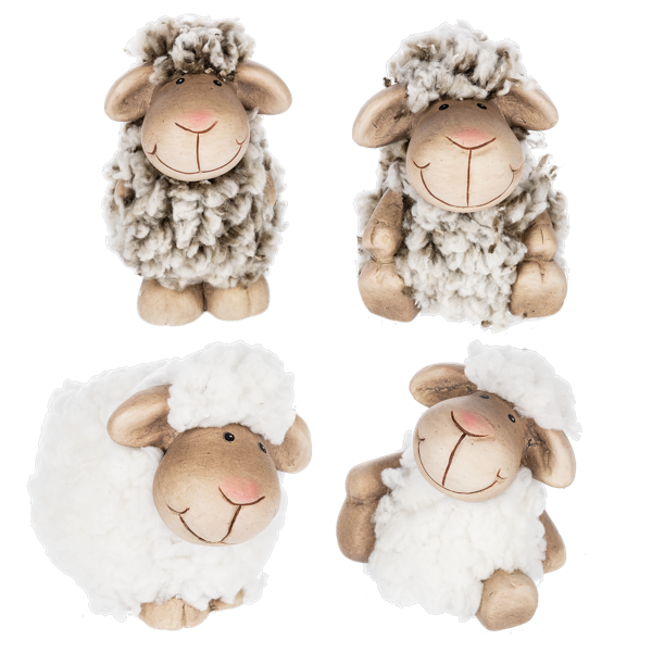 Four fluffy sheep toys with different color schemes on a white background