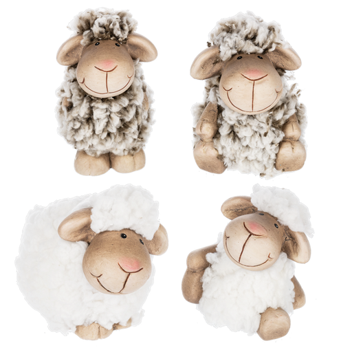 Four fluffy sheep toys with different color schemes on a white background