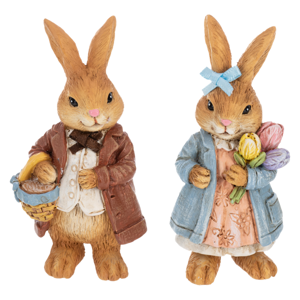 Two Easter bunny figurines standing side by side on a plain white background. The left bunny wears a brown coat and holds a basket with a bunny inside.