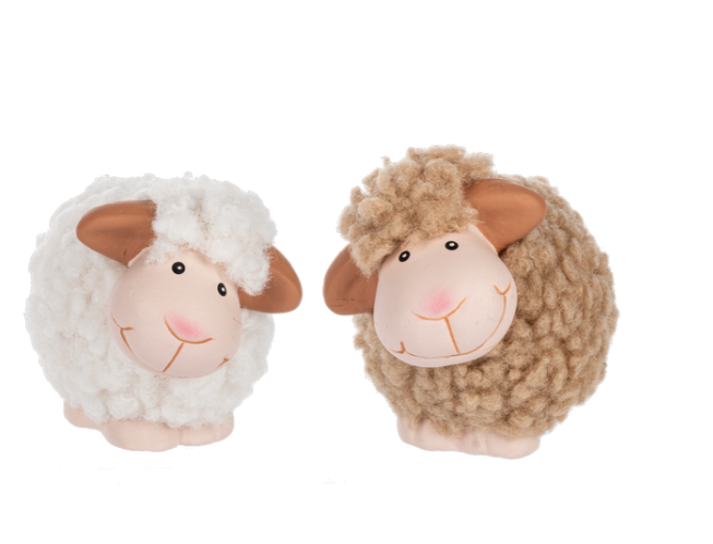 Two plush sheep toys, one white and one brown, on a white background