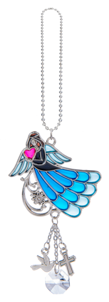 Decorative angel ornament with blue wings and pink heart on a white background