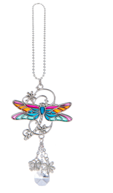 Colorful dragonfly-shaped car air freshener with chain on a white background