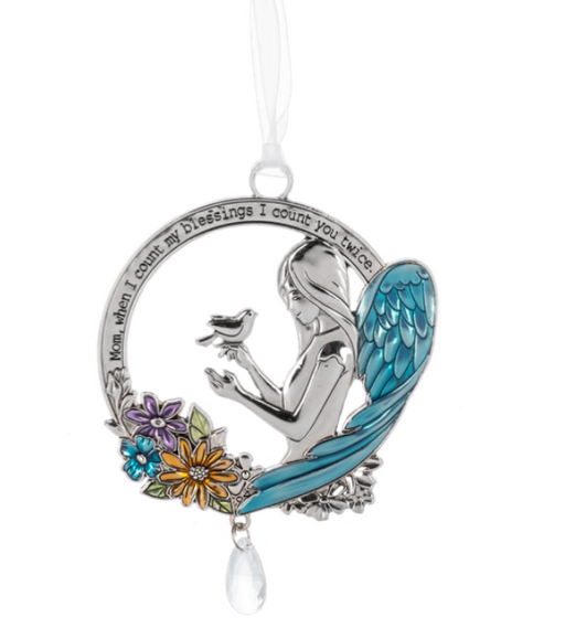 Decorative ornament with a fairy, flowers, and text on a white background