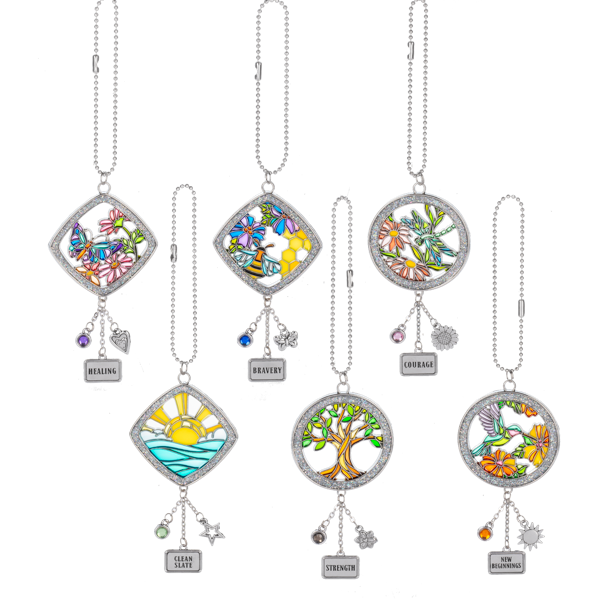 Set of colorful car charms with various designs on a white background