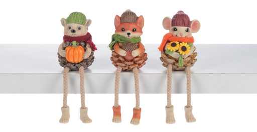 Three decorative mice figurines with autumn-themed accessories on a white background