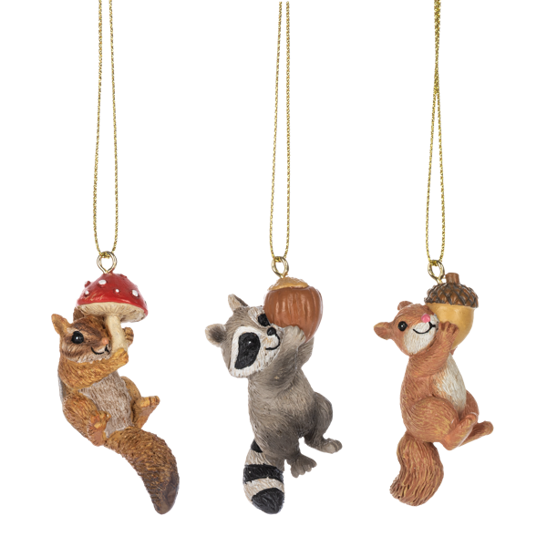 Three animal-themed Christmas ornaments hanging from gold chains on a white background.