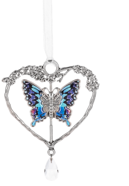 Decorative hanging heart with a butterfly design on a white background