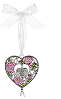 Decorative heart-shaped hanging ornament with roses and a white ribbon on a white background