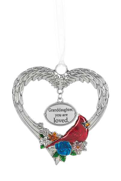 Decorative heart-shaped ornament with a cardinal, flowers, and a message 'Granddaughter, you are loved' on a white background.