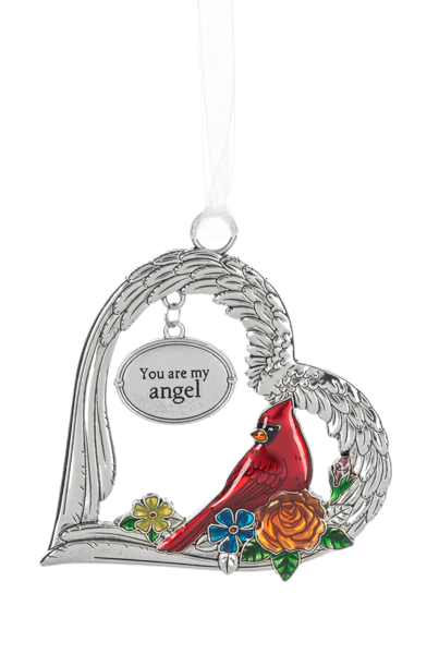 Decorative ornament with a red bird, flowers, and 'You are my angel' text on a white background