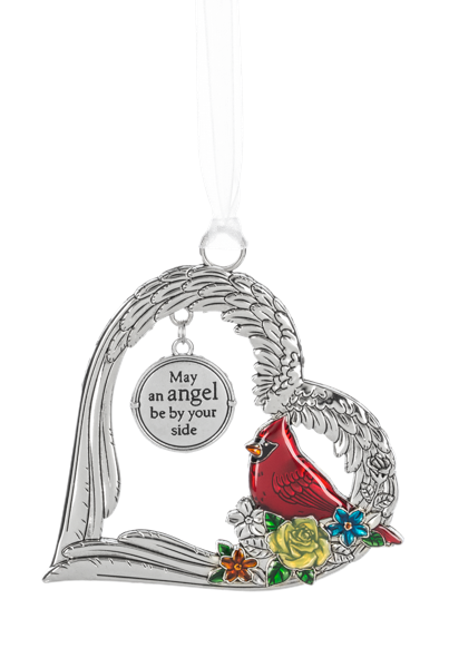 Decorative heart-shaped ornament with a red bird, flowers, and angel wings on a white background.