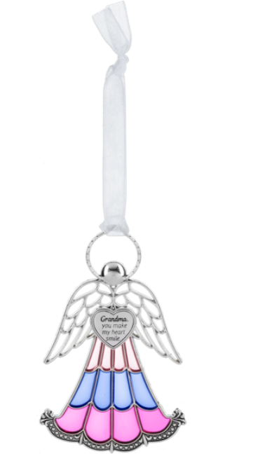 Decorative angel wing ornament with pink and blue design on a white background
