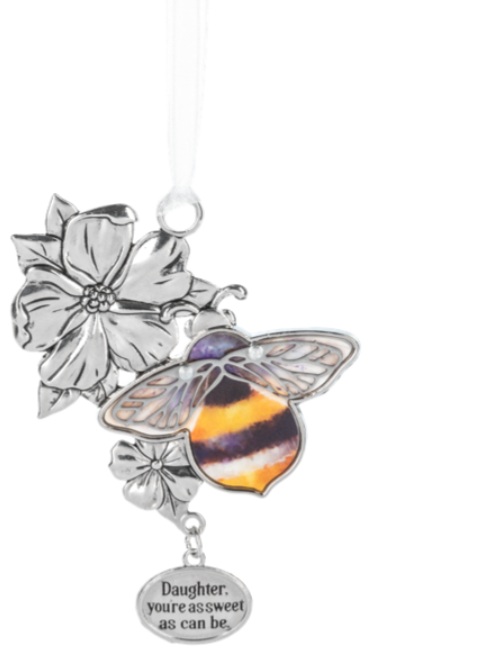 Decorative hanging ornament with a bee, butterfly, and floral design on a white background.