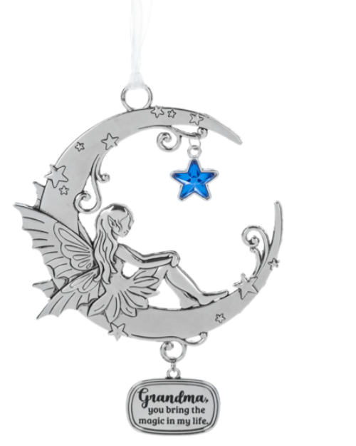 Decorative ornament with fairy on a moon and star, featuring the text 'Grandma, you bring the magic in my life.'