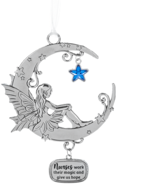 Decorative ornament with fairy on a moon and star, featuring a message about nurses.