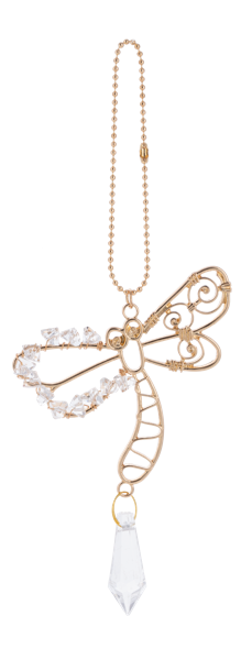 Decorative dragonfly charm with a white pearl on a black background