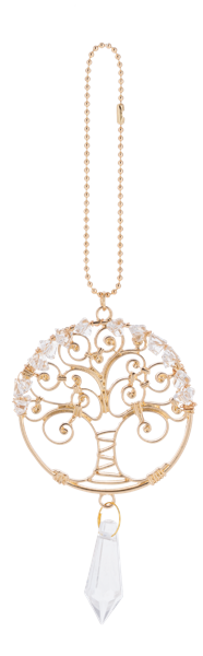 Decorative tree of life ornament with crystals and a white crystal pendant on a white background