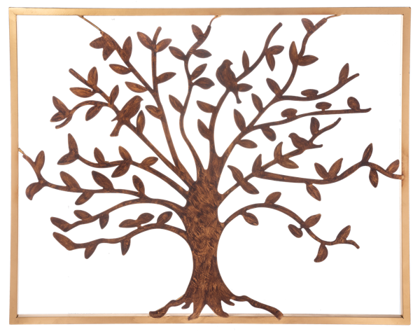 Metallic tree wall art with a warm brown finish, featuring branches, leaves, and two small birds perched on the branches, enclosed in a light gold-toned frame against a white background.