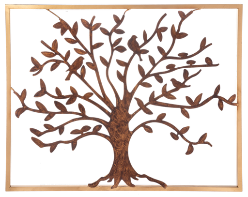 Metallic tree wall art with a warm brown finish, featuring branches, leaves, and two small birds perched on the branches, enclosed in a light gold-toned frame against a white background.