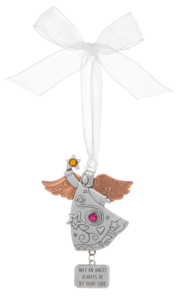 A decorative angel ornament with a silver body, rose-gold wings, a small amber star, and a pink gem, hanging from a white ribbon with a dangling plaque that reads, 'MAY AN ANGEL ALWAYS BE BY YOUR SIDE.'.