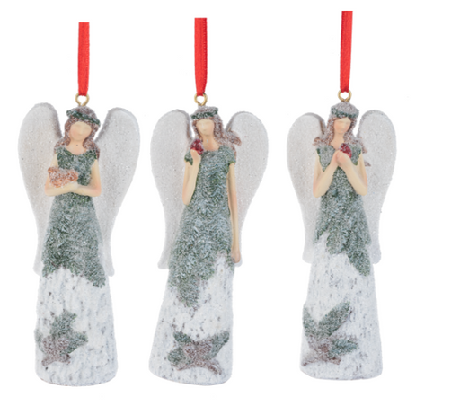 Three angel ornaments with red ribbons on a white background