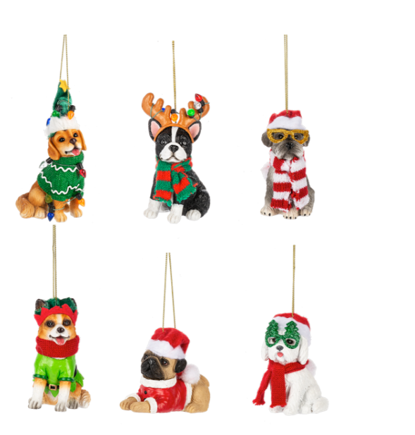 Set of six dog-themed Christmas ornaments on a white background