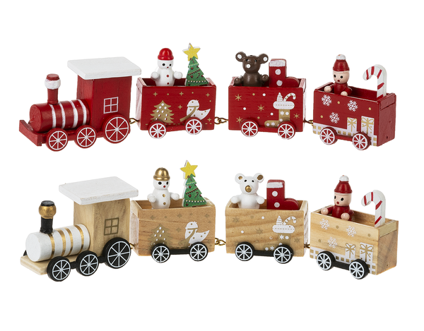 Wooden toy train set with Christmas-themed carriages on a white background