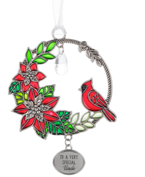 Decorative ornament with cardinal bird, flowers, and 'To a very special uncle' tag on a white background
