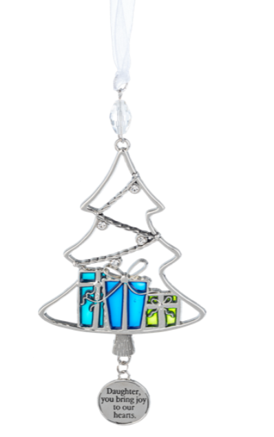 Decorative Christmas tree ornament with blue gift box and 'Daughter, you bring joy to our hearts' message on a white background.