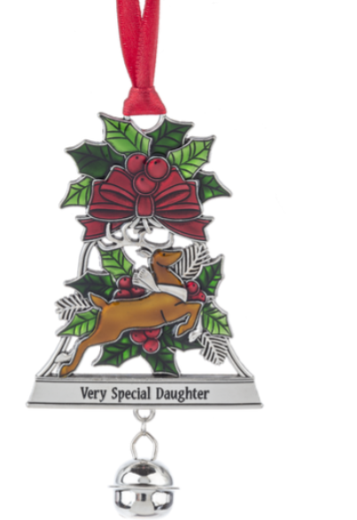 Christmas ornament with a dachshund design, holly leaves, and a red bow on a white background.