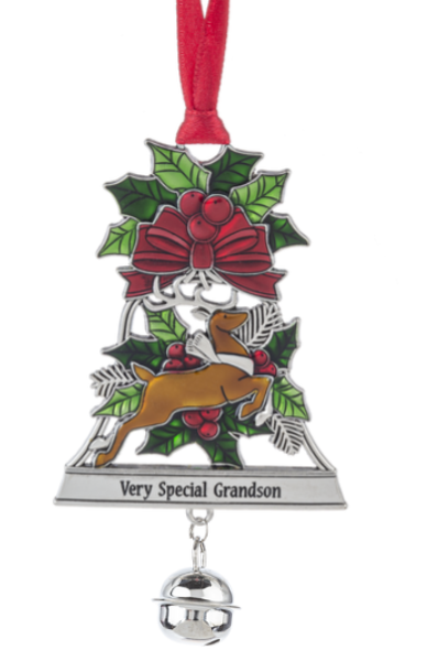 Christmas ornament with reindeer, holly, and red bow on a white background