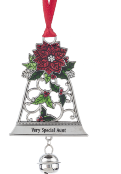 Christmas ornament with poinsettia design and 'Very Special Aunt' text on a white background