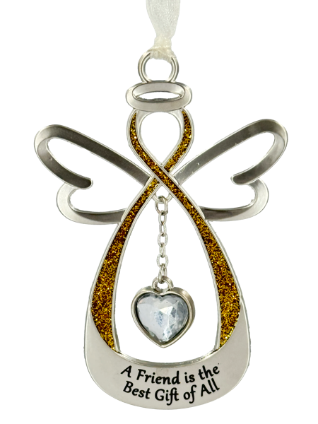 Decorative angel ornament with heart pendant and 'A Friend is the Best Gift of All' text on a white background