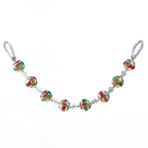 Colorful beaded garland with silver hooks on a white background