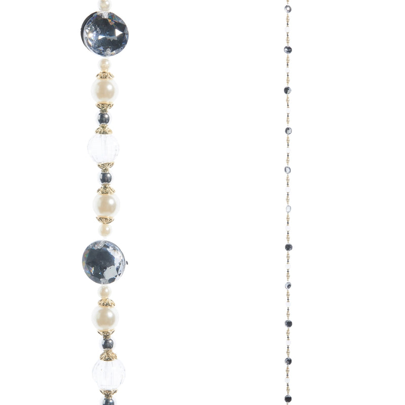 Long beaded garland with various colored beads on a white background