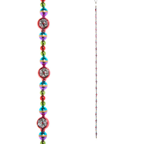 Colorful beaded string with decorative elements on a white background