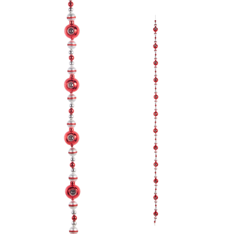 Two red and silver beaded strings on a white background