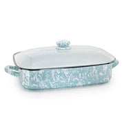 Rectangular baking dish with marble pattern on a white background