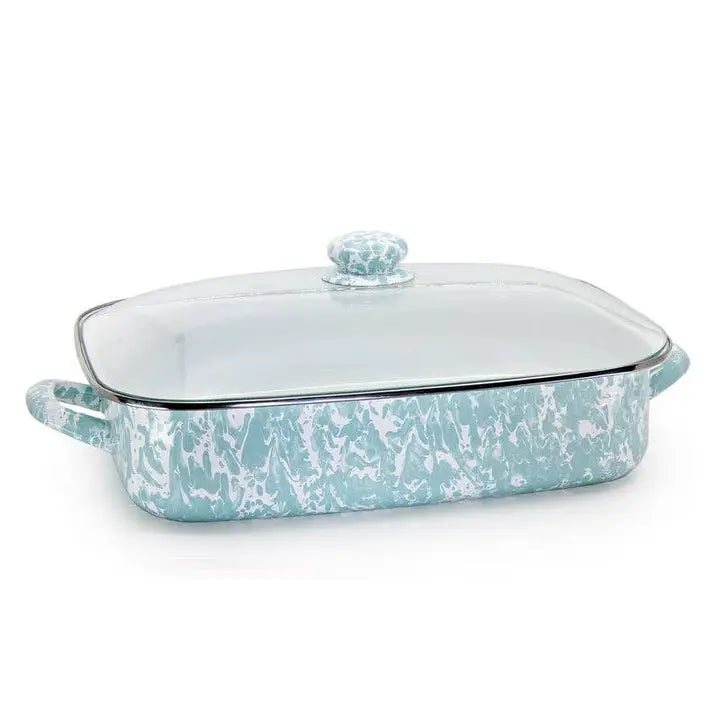 Rectangular baking dish with marble pattern on a white background