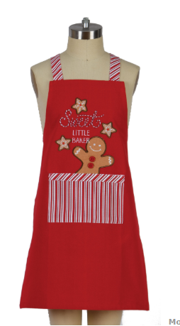 Red apron with gingerbread design on a mannequin against a white background