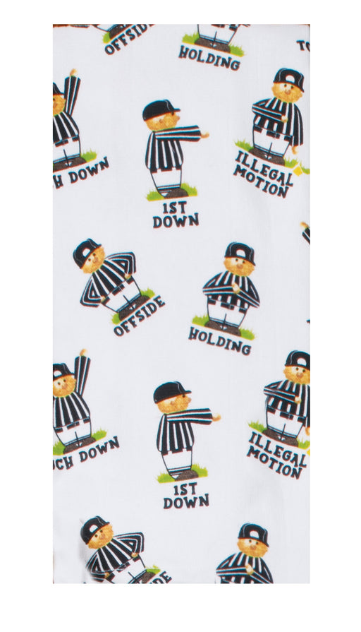 White towel with cartoon referee design and text on a white background