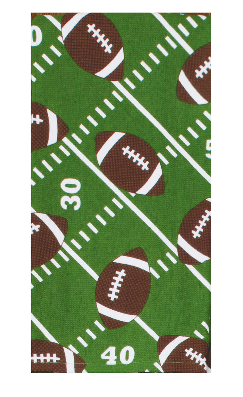 Patterned fabric with footballs and gridiron lines on a green background